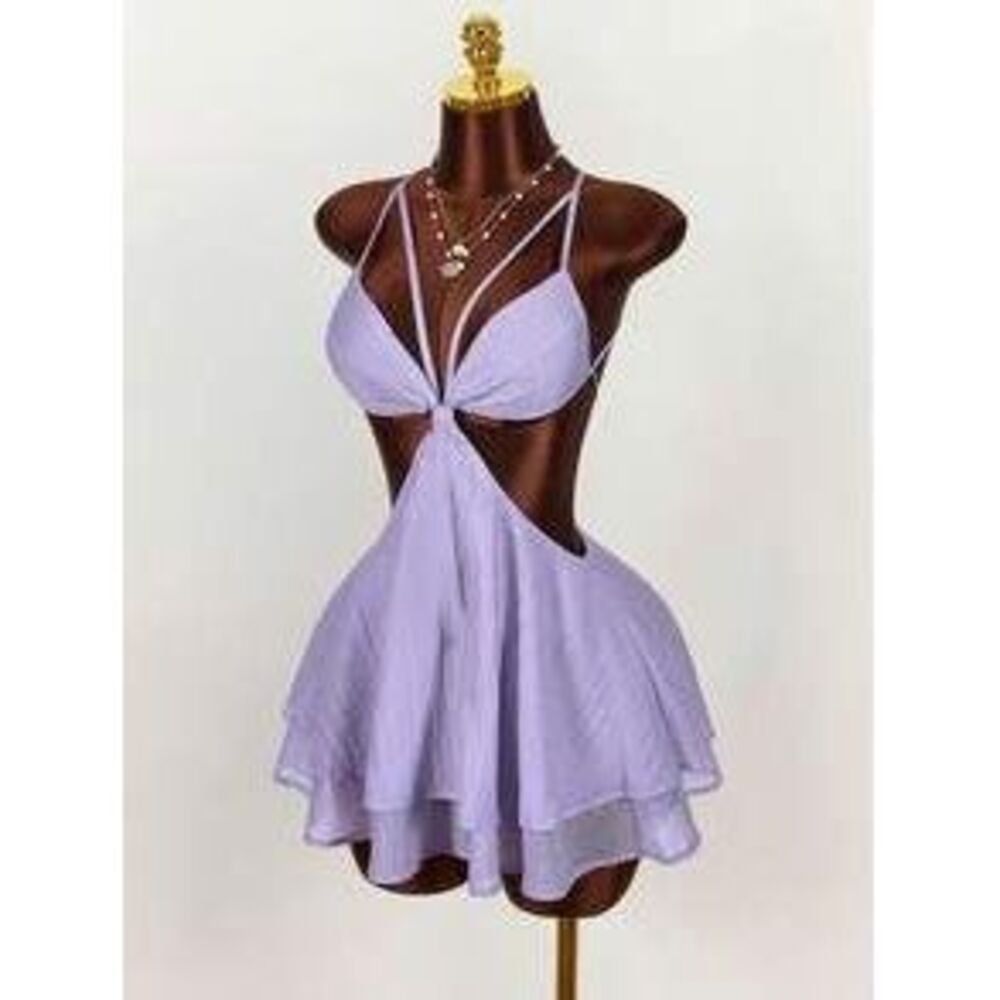 Amplova Women's Solid Color Waist Cutout Ruffle Hem Sexy Camisole Mini Dress